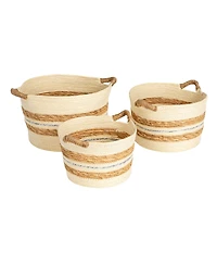 Household Essentials Handwoven Corded Paper and Cattail Striped Baskets with Handles, Natural, Set of 3