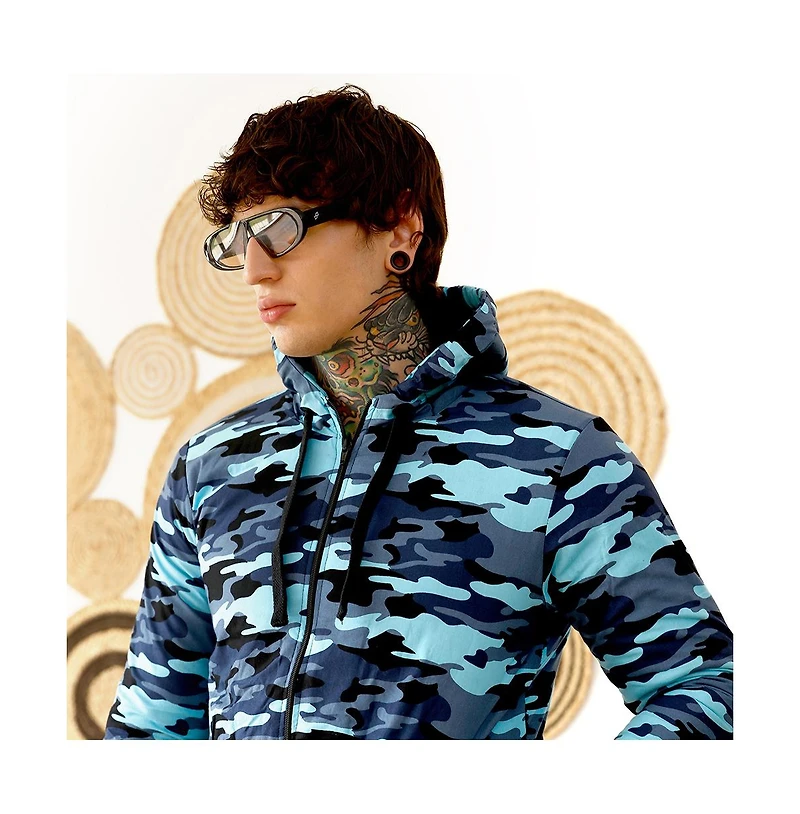 Campus Sutra Men's Navy Blue Camouflage Fleece-Lined Jacket
