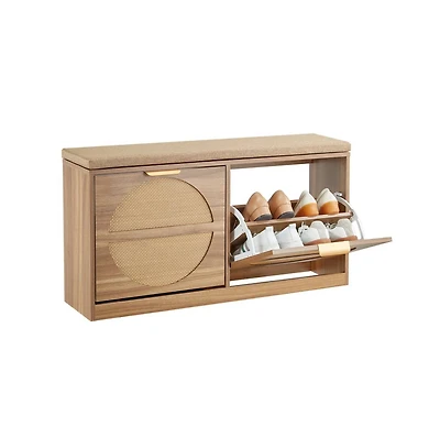 Slickblue Entryway Shoe Bench with Flip Drawer and Rattan-Style Rack
