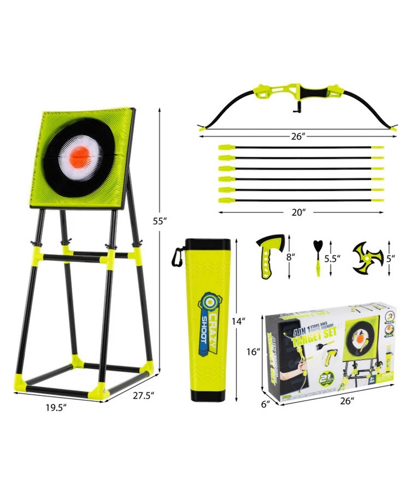 4-in-1 Throwing Target Game Set with Axes, Darts, Bow & Arrows for Kids and Adults