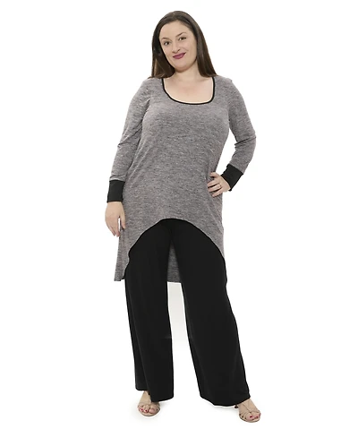 24seven Comfort Apparel Plus Two Tone Scoop Neck Long Sleeve High Low Top and Pant Set