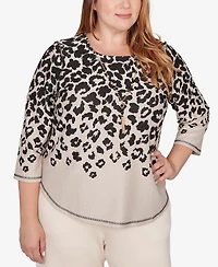 Alfred Dunner Plus Seville Animal Print Crew Neck Top with Necklace