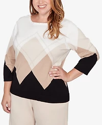 Alfred Dunner Plus Seville Argyle Ribbed Jewel Neck Sweater