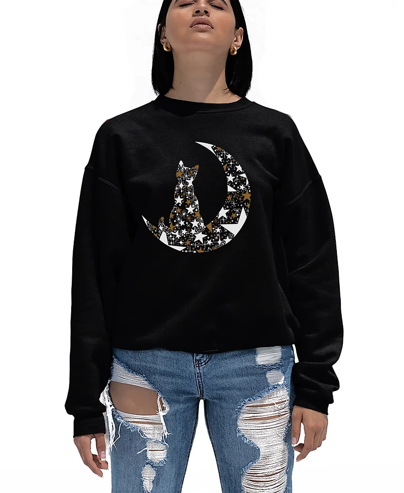 La Pop Art Women's Cat Sitting On Moon Word Crewneck Sweatshirt