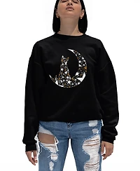 La Pop Art Women's Cat Sitting On Moon Word Crewneck Sweatshirt