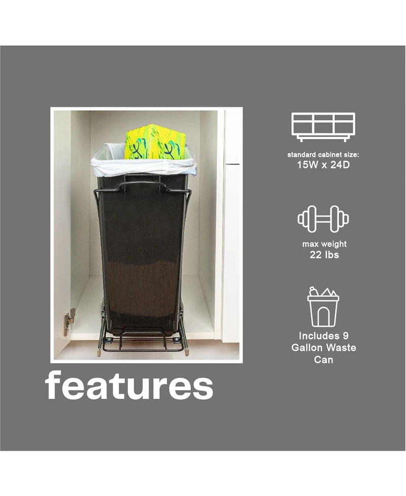Household Essentials Glidez Steel Pull-Out Single 9 Gallon Plastic Trash Can, Black
