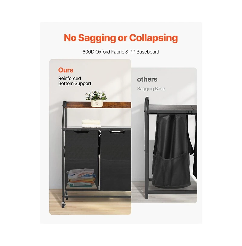 Slickblue Rolling Laundry Hamper with 2 Tiers, 2 Bags, and Hooks