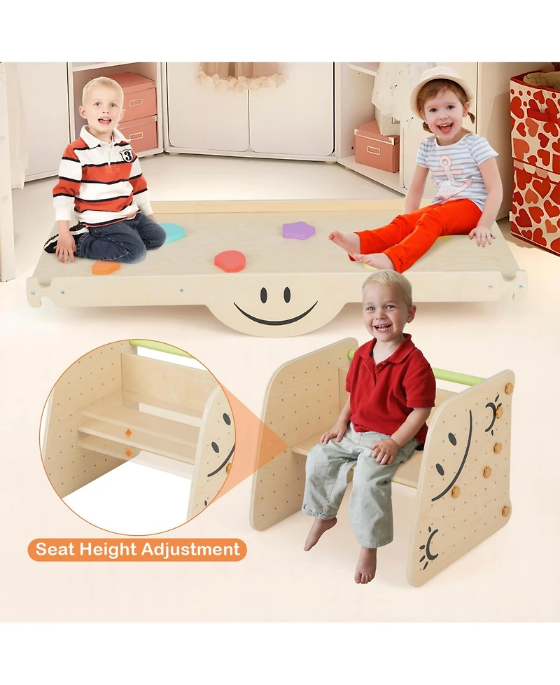 Sugift Wooden Climbing Toy Triangle Climber Set with Seesaw-Multicolor