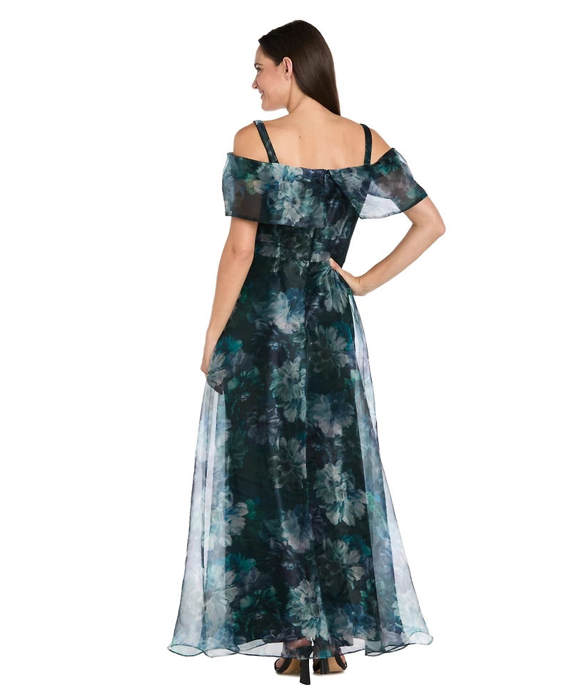 R & M Richards Women's Cold Shoulder Print Organza Capelet Band Dress