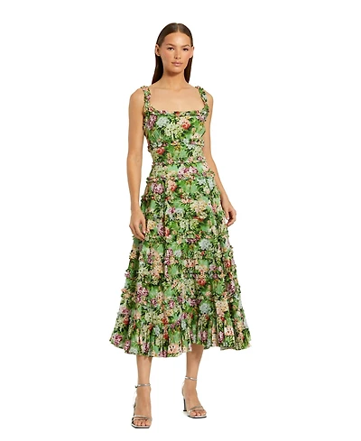 Mac Duggal Women's Elegant Ruffled Floral Square Neck Midi Dress