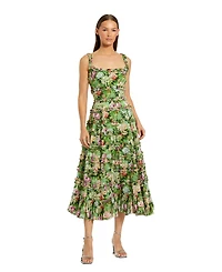 Mac Duggal Women's Elegant Ruffled Floral Square Neck Midi Dress