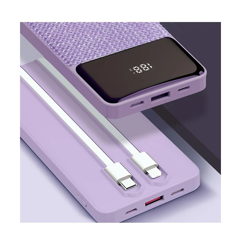GabbaGoods 10,000mAh Rapid Charging Power Bank with Lcd Battery Display, 2 Buillt-In Cables, Bling Design