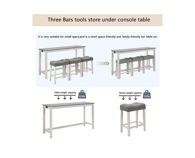 sumyeg 4-Piece Outlet Bar Set with Multi-Function Sofa Back Table and 3 Padded Stools