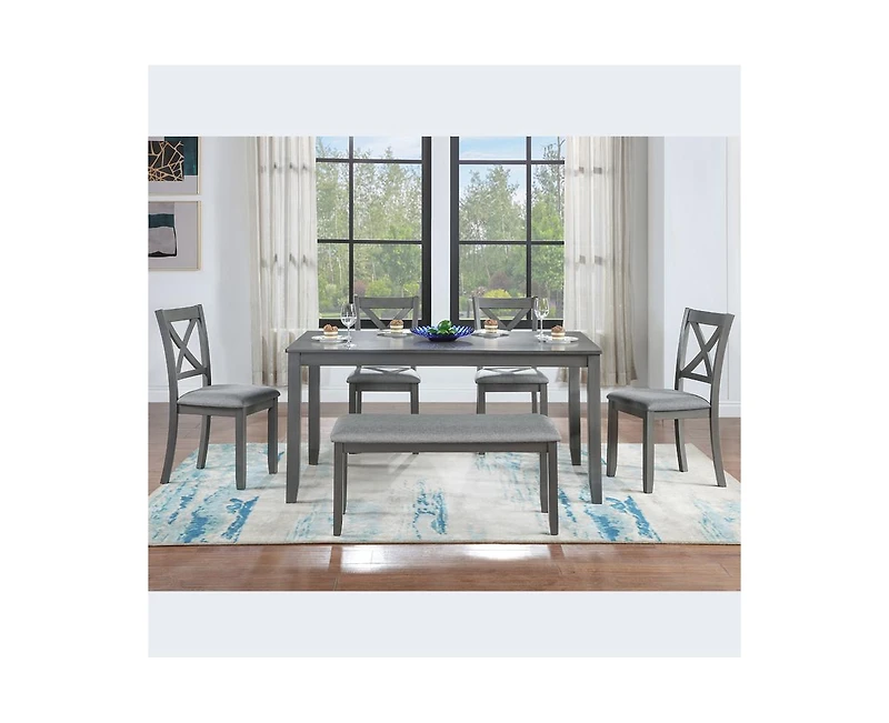 Casainc 6-Piece Grey Kitchen Counter Set with Rectangular Wooden Dining Table 4 Padded Chairs and Bench