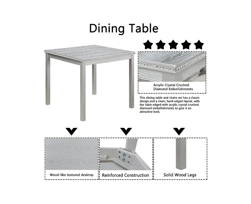 Casainc 5-Piece Counter Height Dining Set with Crystal Accent Square Wood Table and 4 Upholstered Chairs