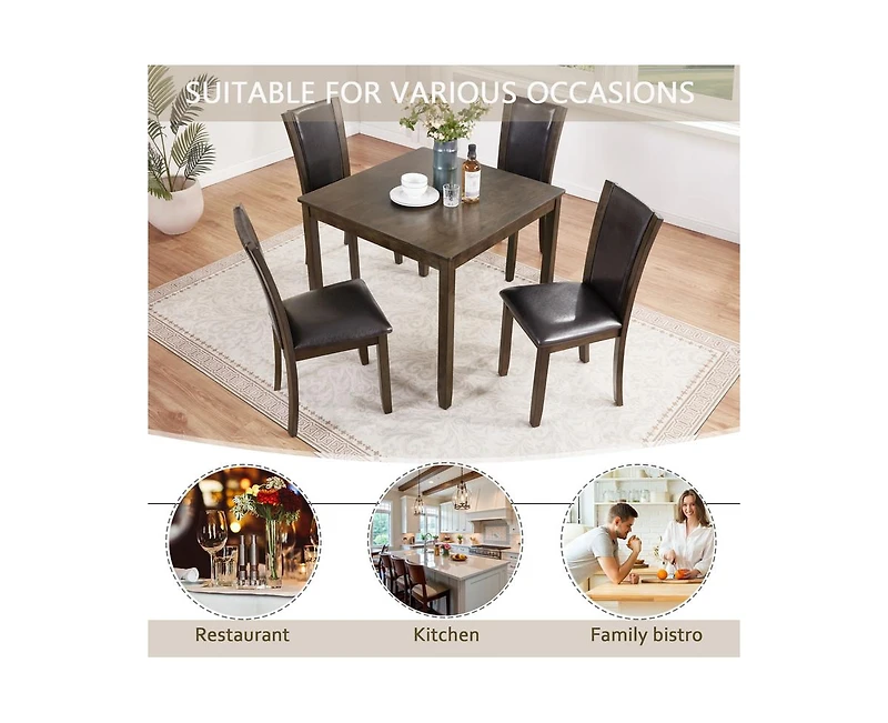 sumyeg Dark Walnut Farmhouse 5-Piece Dining Set with Wood Table and 4 Chairs