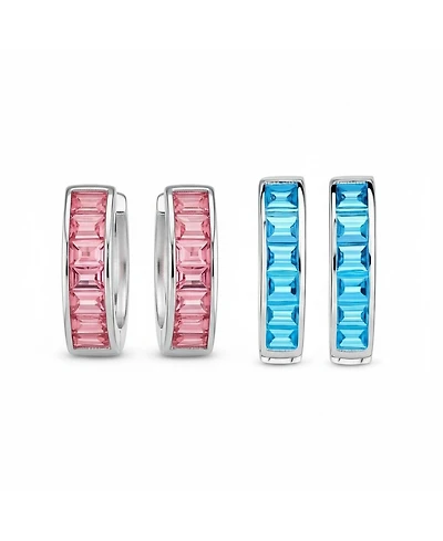 Bling Jewelry Set of 2 Baguette Cut Channel Set Kpop Blue & Pink Cz Huggie Hoop Earrings Sterling Silver