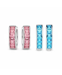 Bling Jewelry Set of 2 Baguette Cut Channel Set Kpop Blue & Pink Cz Huggie Hoop Earrings Sterling Silver
