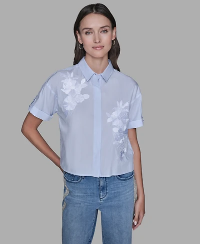 Karl Lagerfeld Paris Women's Short-Sleeve Striped Floral Poplin Blouse