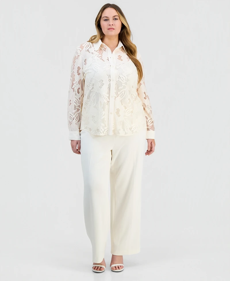 Anne Klein Plus Blossom Lace Button-Down Blouse