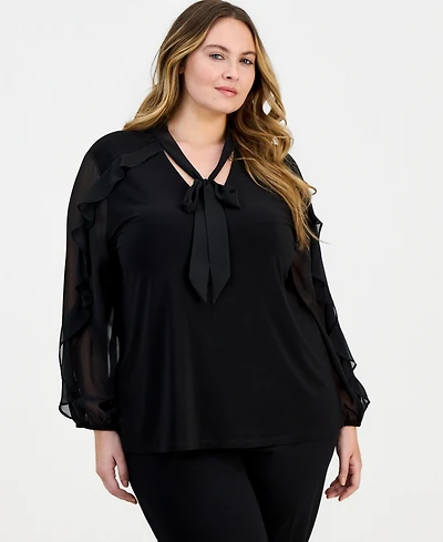 Anne Klein Plus Ruffle-Sleeve Tie-Neck Blouse