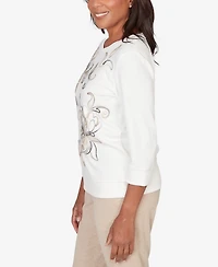 Alfred Dunner Women's Comfort & Joy Floral Embroidered Crew Neck Top