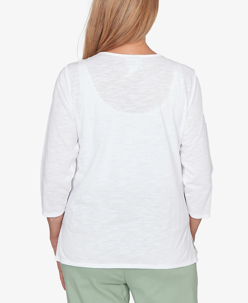 Alfred Dunner Women's St. Augustine Blooming Floral Embroidered Split Neck Top