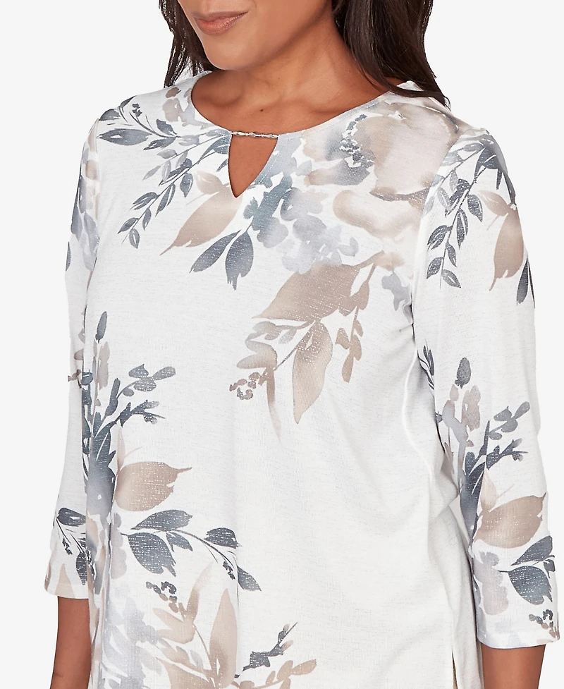 Alfred Dunner Petite Comfort & Joy Asymmetrical Floral Border Crew Neck Top