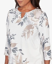 Alfred Dunner Petite Comfort & Joy Asymmetrical Floral Border Crew Neck Top