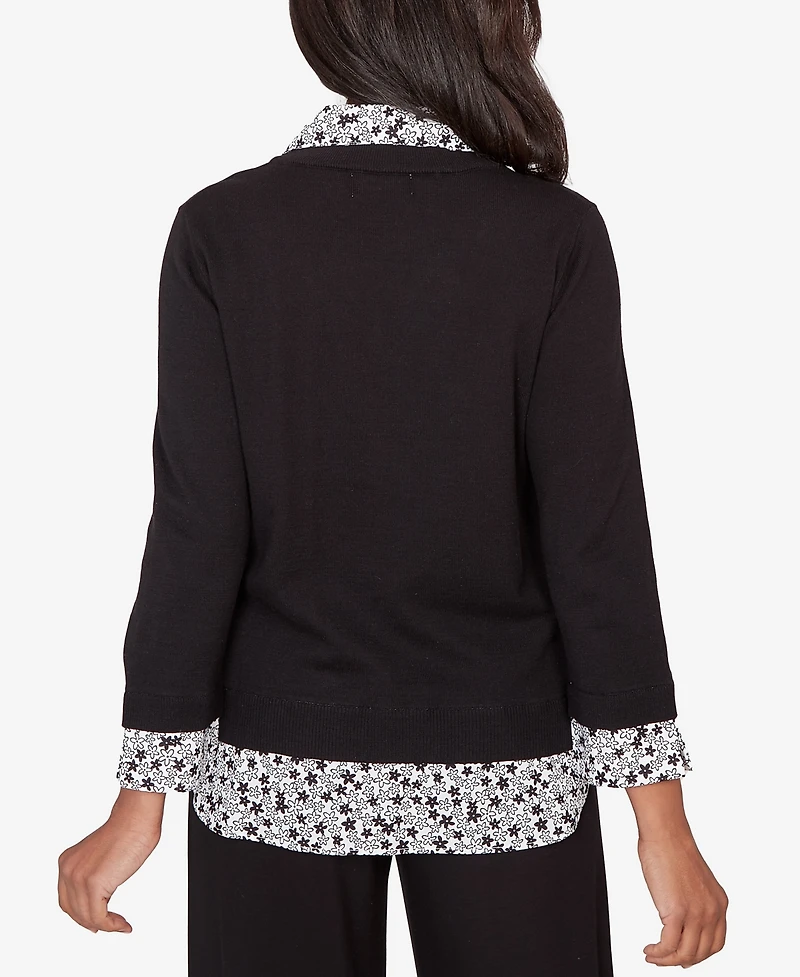 Alfred Dunner Petite Seville Print Woven Two One Sweater with Necklace