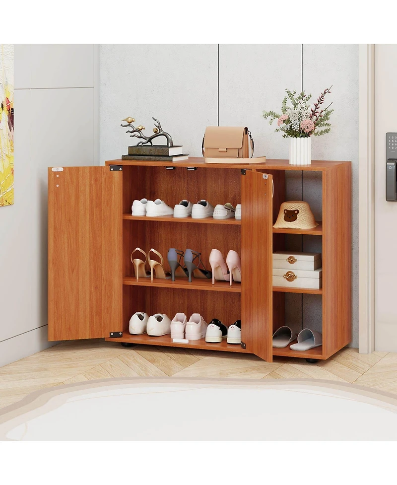 Costway 3-Tier Wooden Shoe Storage Organizer with Doors & 3-Level Adjustable Open Shelves