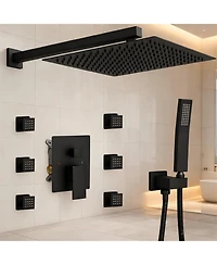 Greenspring 3-Spray Wall Mount 2.5 Gpm 12 in. Shower Head Fixed and Handheld Shower Head with 6-Jets in Matte Black (Valve Included
