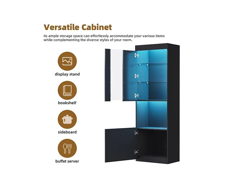 Casainc Storage Cabinet with Led Lights Tall Pantry Acrylic Door and Tempered Glass Shelves