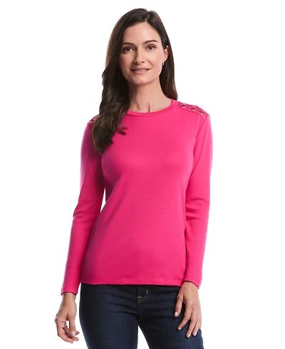 Rafaella Petite Laced Crew Neck Long Sleeve Top