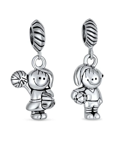 Bling Jewelry Set of 2 Cheerleader & Soccer Player Dangle Charm Bead Sterling Silver European Bracelet