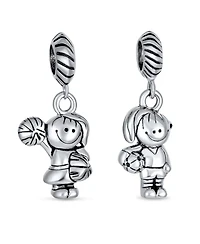Bling Jewelry Set of 2 Cheerleader & Soccer Player Dangle Charm Bead Sterling Silver European Bracelet