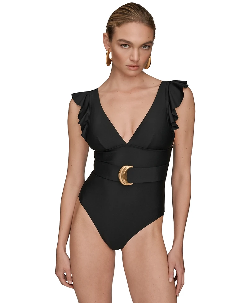 Donna Karan Women's Belted Flutter-Sleeve One-Piece Swimsuit