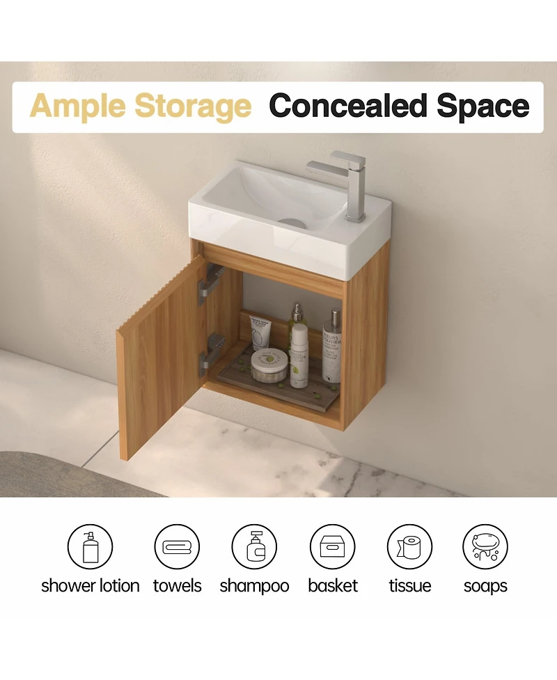 Boyel Living 16" Wall-Mounted Bathroom Vanity, Acacia Wood with White Resin Basin & Soft-Close Door