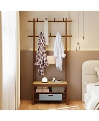 Costway Bamboo Coat Rack with Bench Shoe Storage 2 Hanging Rods 11 Hooks Shelves