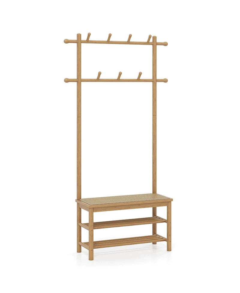 Costway Bamboo Coat Rack with Bench Shoe Storage 2 Hanging Rods 11 Hanging Hooks Shelves
