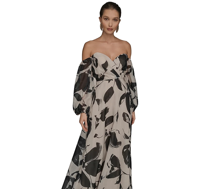 Donna Karan New York Women's Floral Print Sweetheart Neckline Puff Sleeve Gown