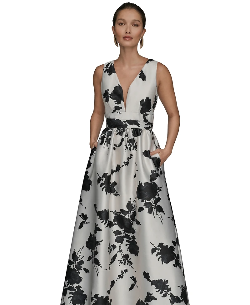 Donna Karan New York Women's Short Sleeve V-neck Floral Print Mikado Gown