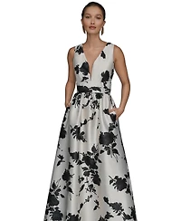 Donna Karan New York Women's Short Sleeve V-neck Floral Print Mikado Gown