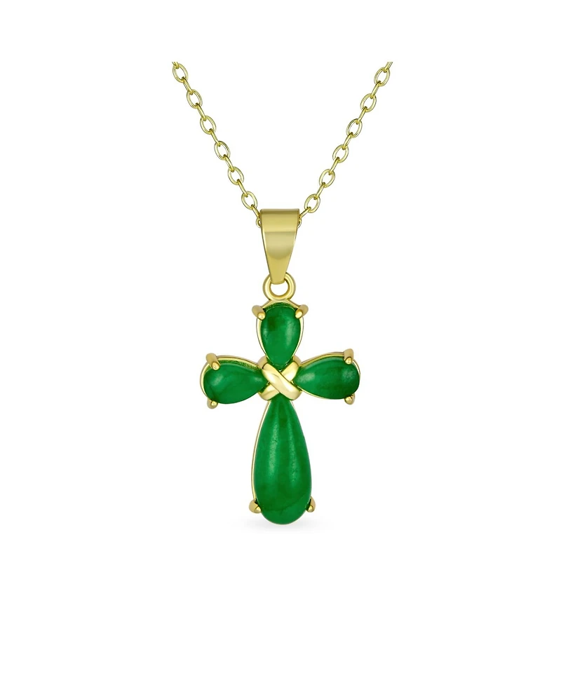 Bling Jewelry Natural Green Jade Small Cross Pemdant Necklace & Bezel Oval Drop Earrings Jewelry Set Gold Plated Sterling Silver