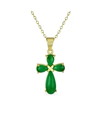 Bling Jewelry Natural Green Jade Small Cross Pemdant Necklace & Bezel Oval Drop Earrings Jewelry Set Gold Plated Sterling Silver