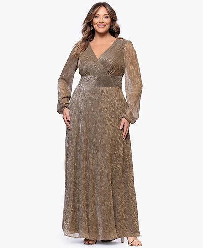 Betsy & Adam Plus V-Neck A-Line Long Dress