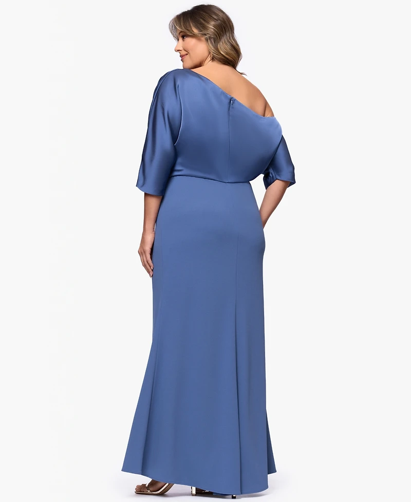 Betsy & Adam Plus Asymmetrical Neck Long Dress