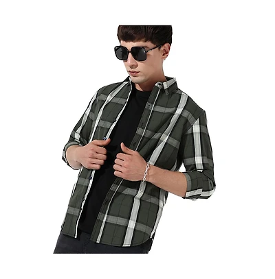 Campus Sutra Men's Tartan Plaid Dark Green Shirt.