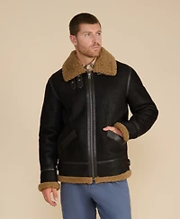 Furniq Uk Men's Shearling Aviator Jacket, Washed Brown with Ginger Curly Wool
