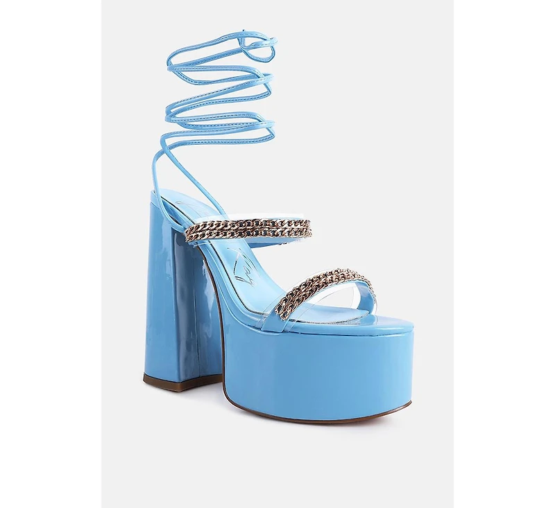 Indulgence Metal Chain Lace Up Chunky Sandals Women